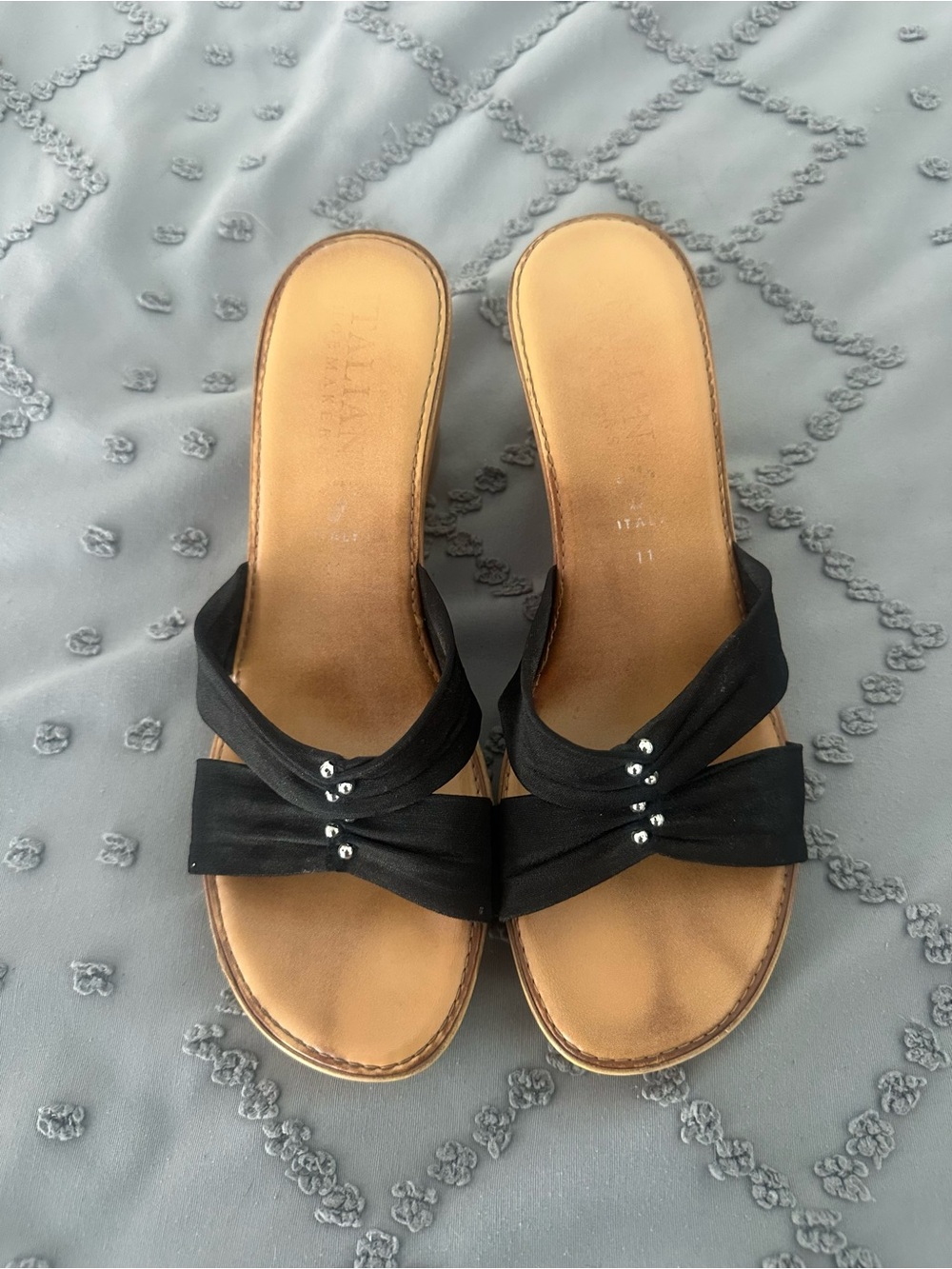 Italian Shoemakers Black Wedges with Bow and Rhinestones